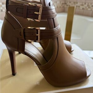 Michael Kora Acorn Brown Peep-Toe Heels with Gold Buckle Straps